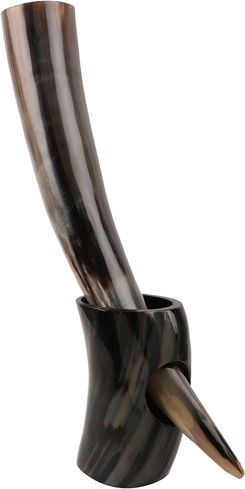 Real Ox Horn Drinking Horn with Stand Handmade Viking Style Ale Beer Wine Goblet Chalice Mead Medieval Burlap Tumbler Beaker Vessels (14 Inches, Auger Midnight)